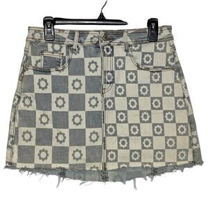 Balboa NEW Ragstock‎ Blue Colorblack Floral Mini Jean Skirt Raw Hem Size Medium